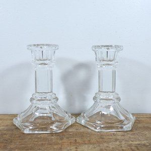 MCM Glass Candle Sticks 4in Tall Hexagon Base Set of 2
